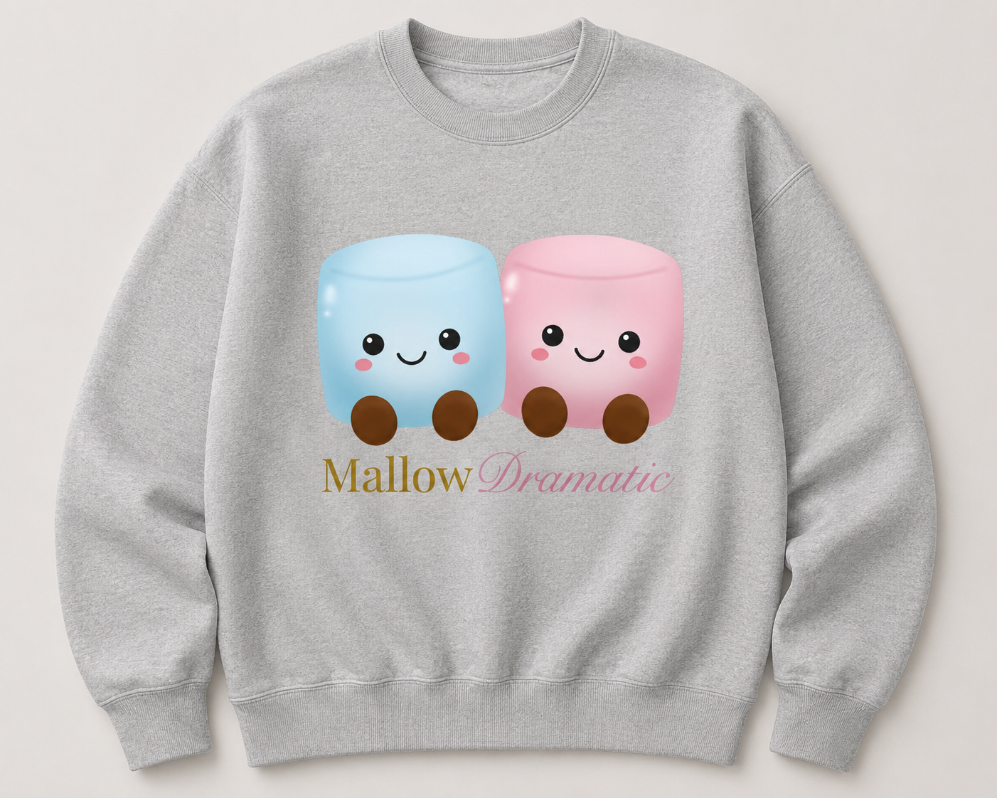 Mallowdramatic marshmallow printed sweatshirt — cute kawaii marshmallow design on a cozy crewneck