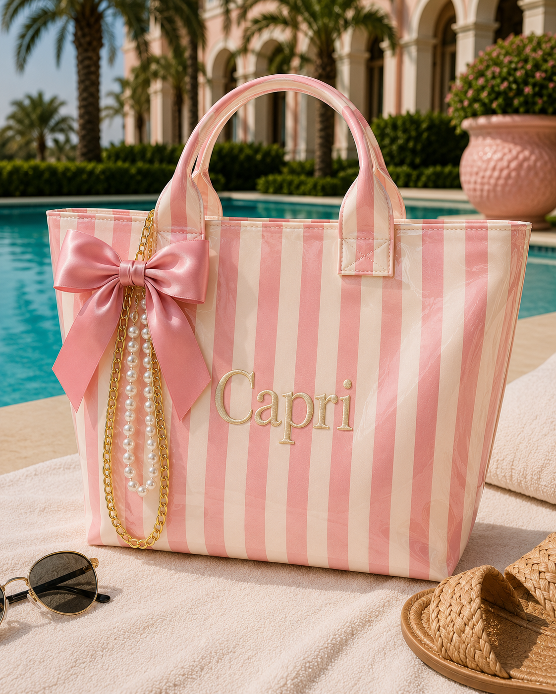 Capri embroidered cabana tote — soft pink and cream stripes with signature accessories