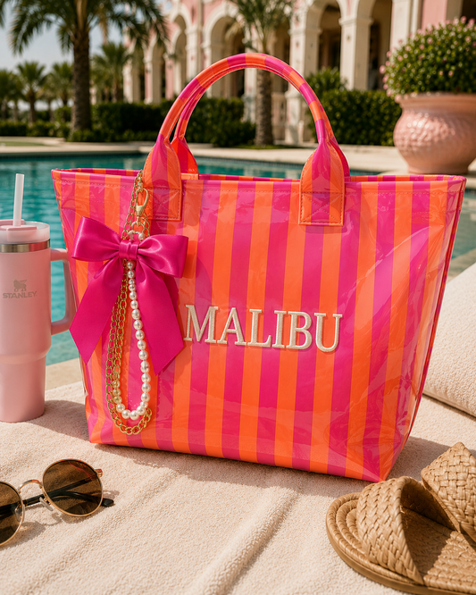 Malibu embroidered cabana tote — pink and orange stripes with signature accessories