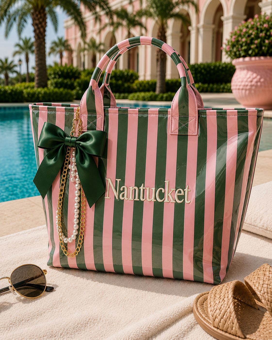 Nantucket embroidered cabana tote — pink and forest green stripes with signature accessories